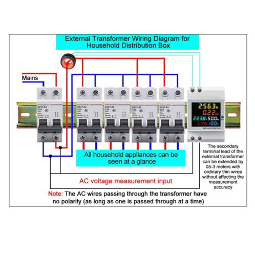 SINOTIMER SDM009 Compteur multifonctionnel sur rail Din monophasé, tension, courant, fréquence, facteur de puissance, électricité, modèle : AC250-450V externe SS0004818-09